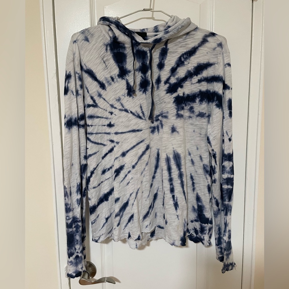 ATM Blue Tie Dye Peruvian Cotton Knit Long Sleeve Pullover Hoodie Sweatshirt L